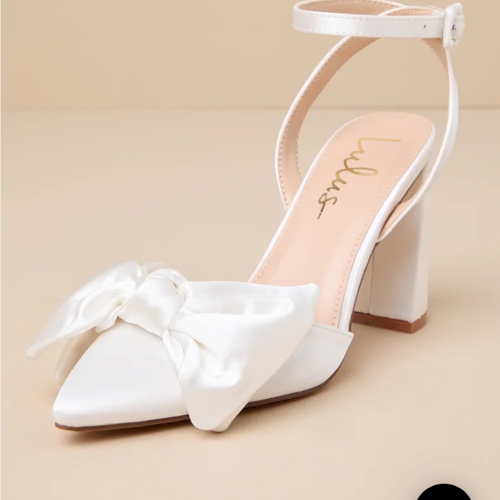 Lulu's Sutton Ivory Satin Bow Ankle Strap Pointed-Toe Pumps